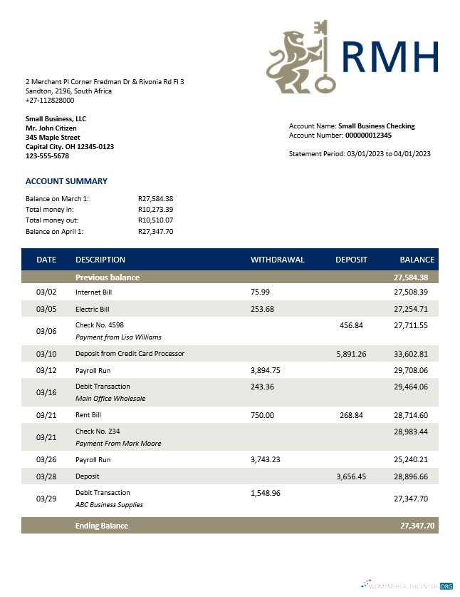 Download Rand Merchant Bank enterprise account statement Word and PDF template Photoshop template